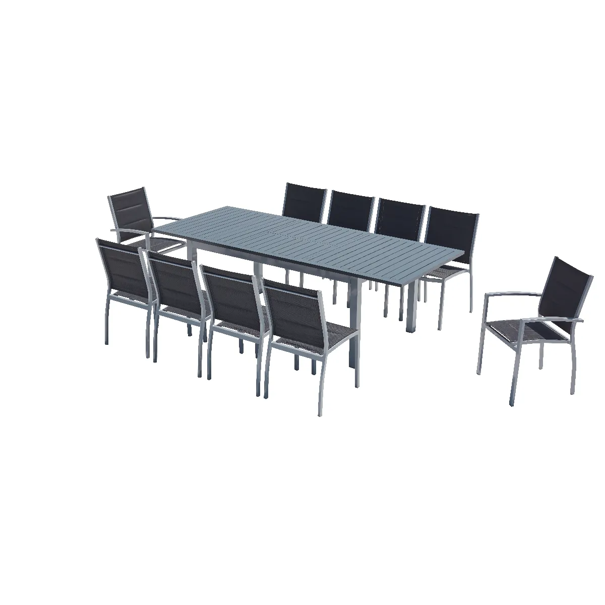 Table de jardin extensible et 10 chaises alu-toile PVC gris AREZZO