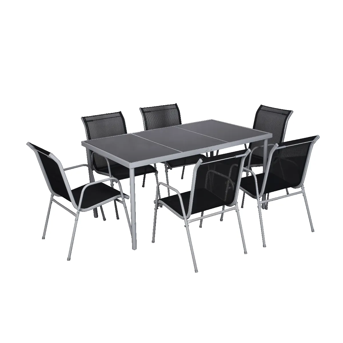 Table de jardin et 6 chaises en acier et toile PVC gris LUSIANA