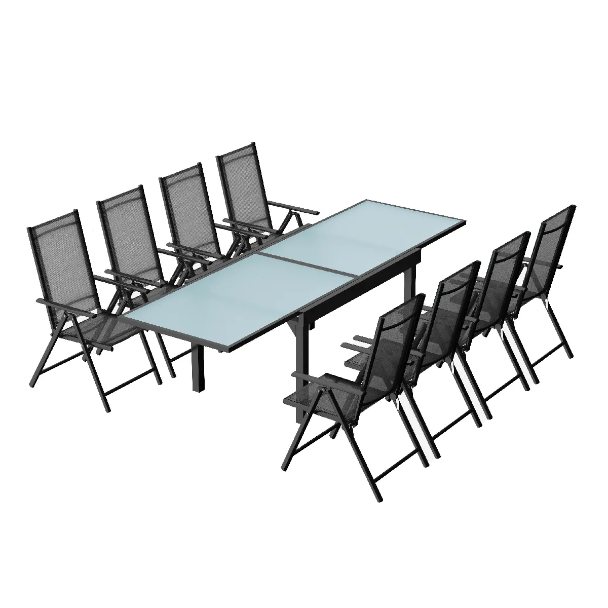 Table de jardin extensible et 8 fauteuils en alu et toile PVC BRESCIA