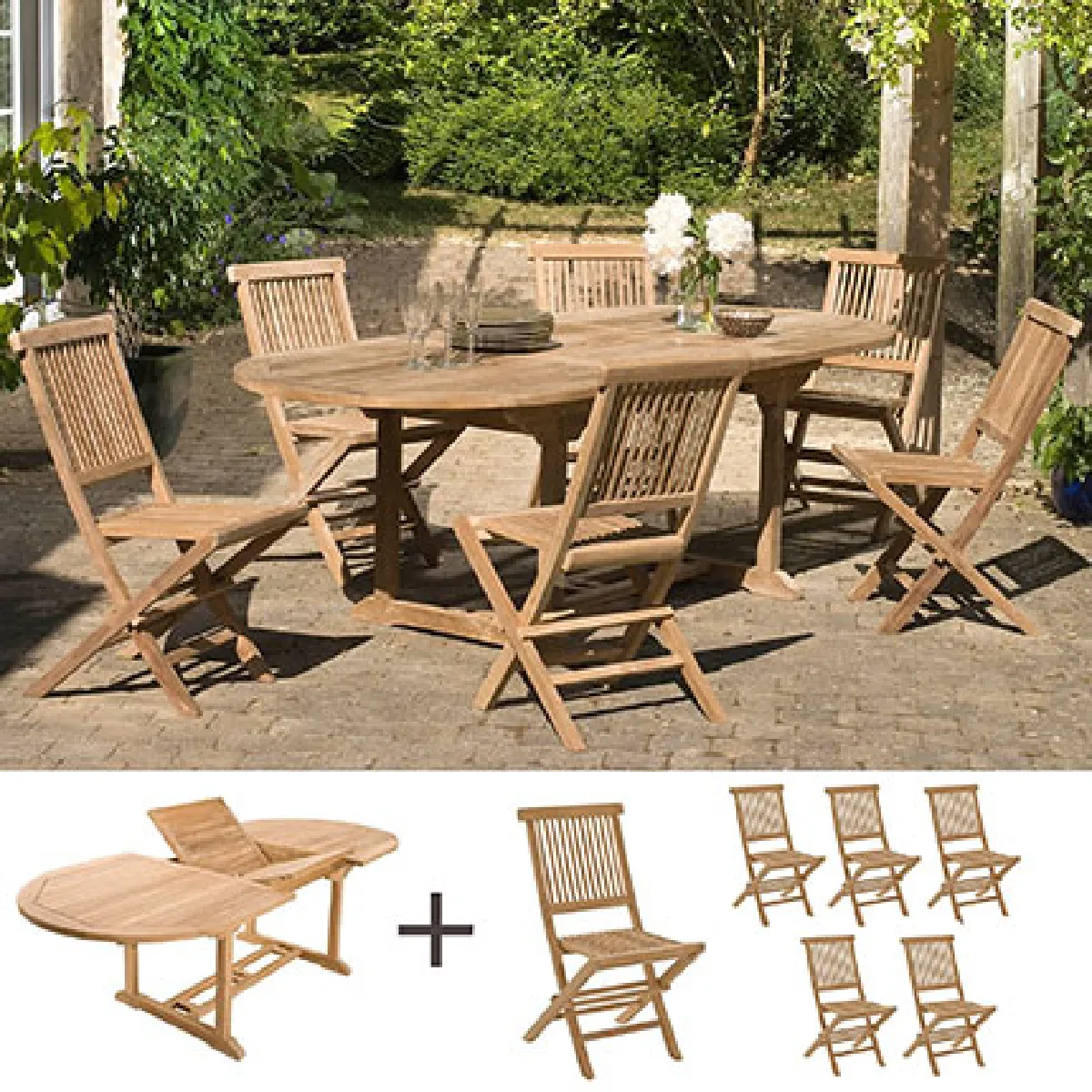 Mes Ensemble table ovale + 6 chaises jardin - Teck