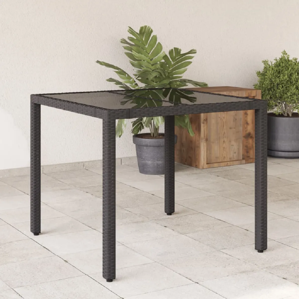 vidaXL Table de jardin Résine tressée Verre 90x90x75cm