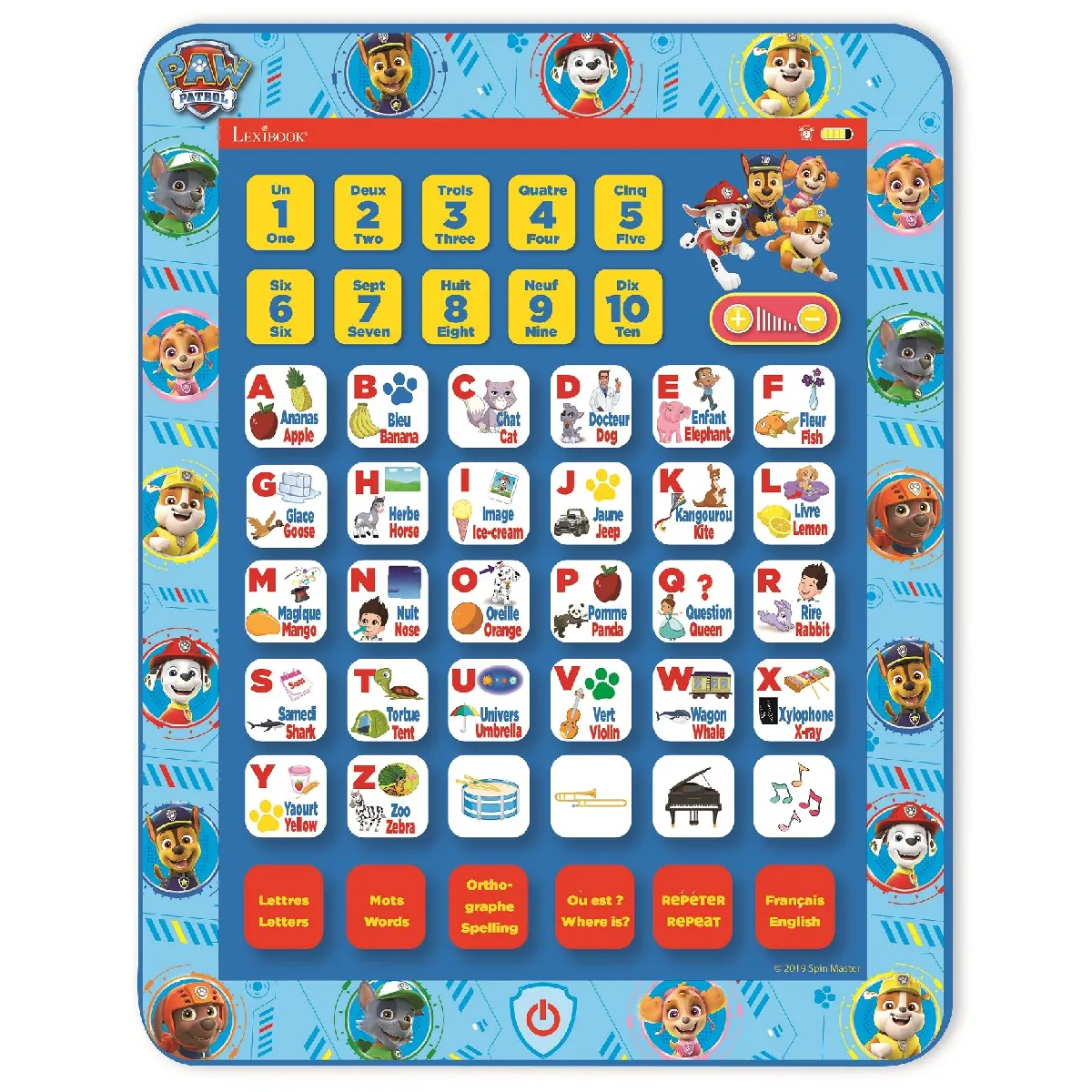 Lexibook PatPatrouille Tablette dapprentissage Anglais/Français Alphabet Lettres Chiffres Mots Epellation Musique