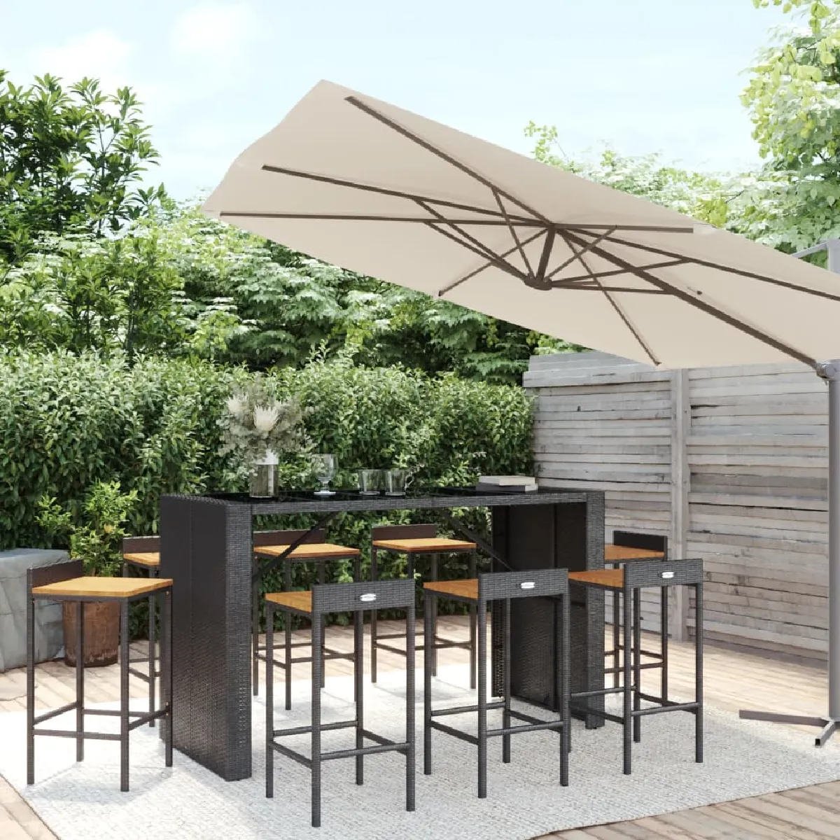 vidaXL Ensemble de bar jardin 9 pcs - Poly rotin/Bois acacia