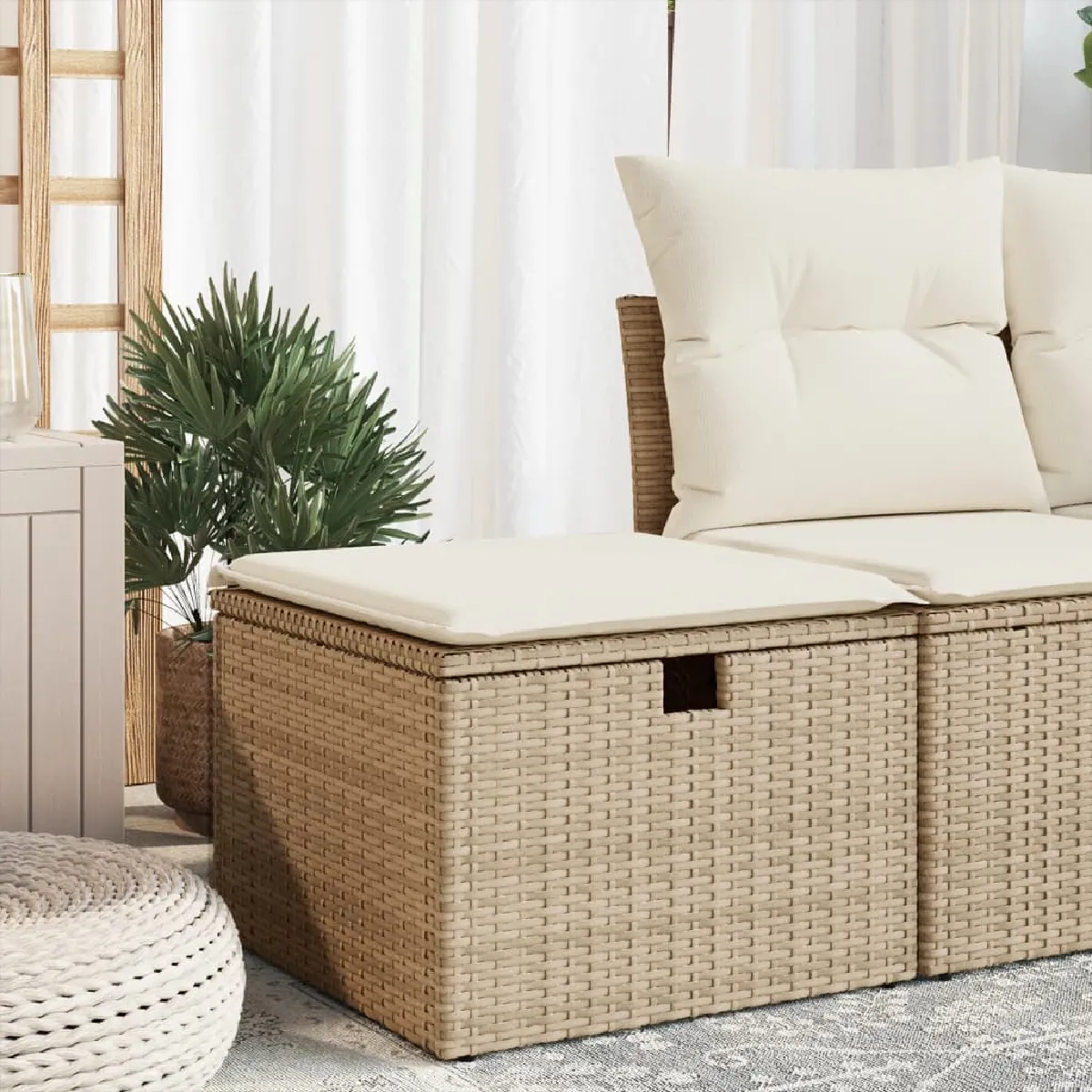 Non Communiqué Beige Tabouret De Jardin Avec Coussin 55X55x37cm Résine Tressée - Image 3