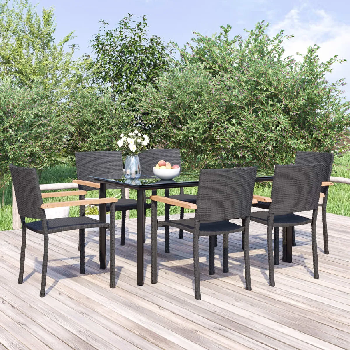 vidaXL Ensemble à manger de jardin 7 pcs - Noir Résine tressée