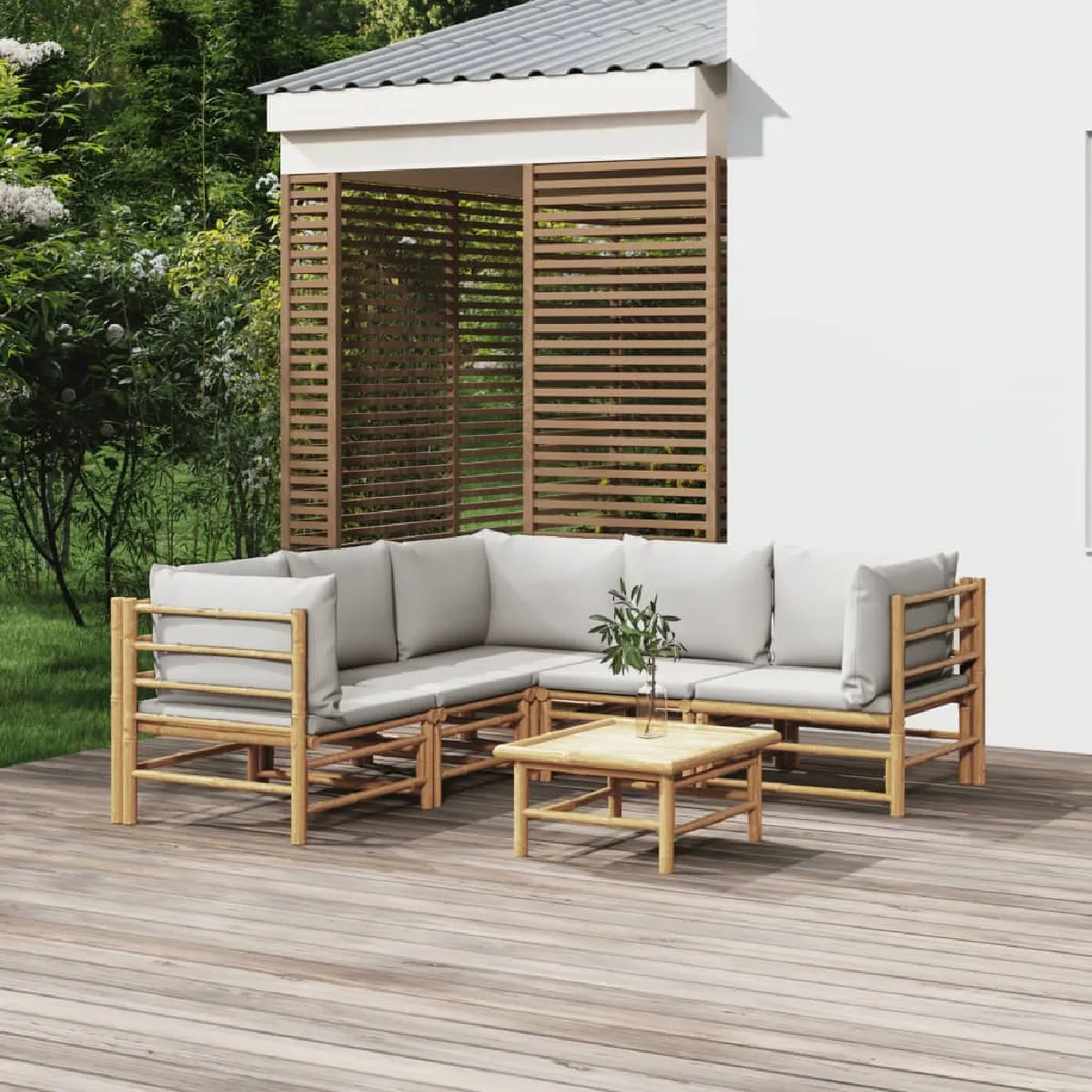 Vidaxl Gris/Clair Salon De Jardin 6 Pcs Bambou