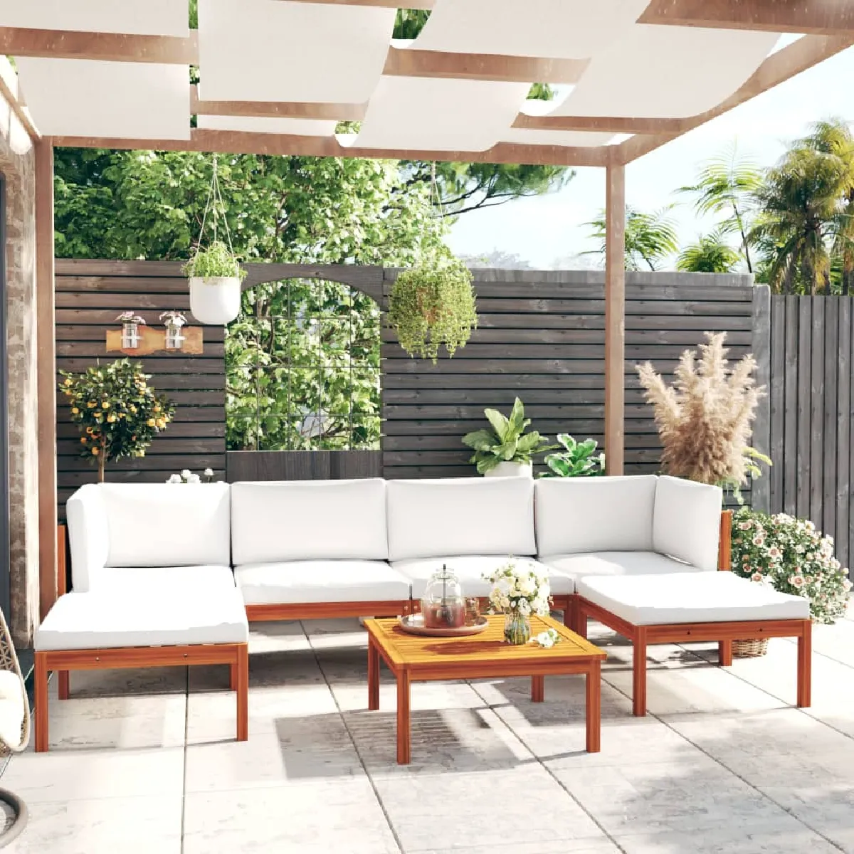 Salon de jardin 7 pcs avec coussins crème bois d'acacia vidaXL - vue 2