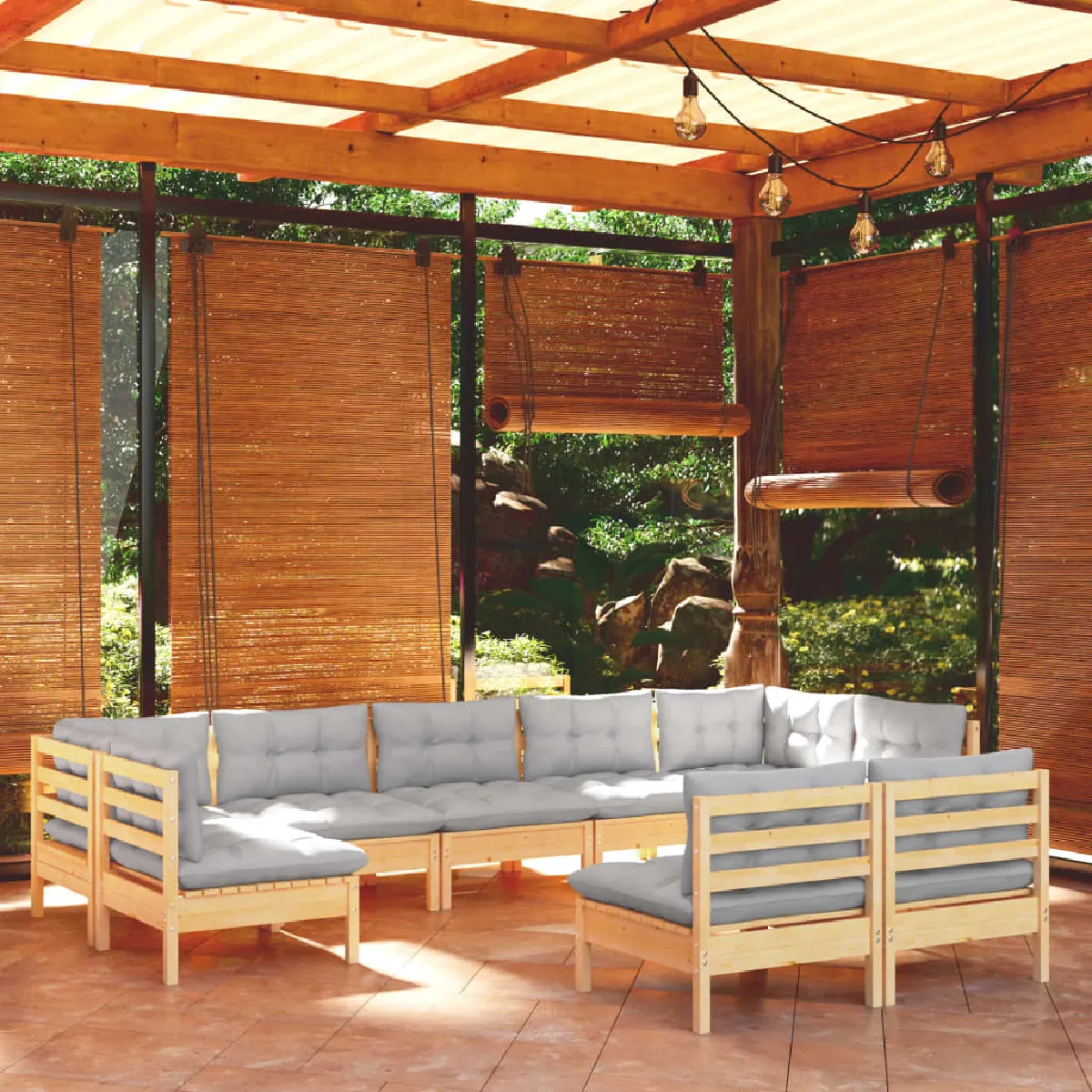vidaXL Salon de jardin 9 pcs avec coussins - Gris bois de pin massif