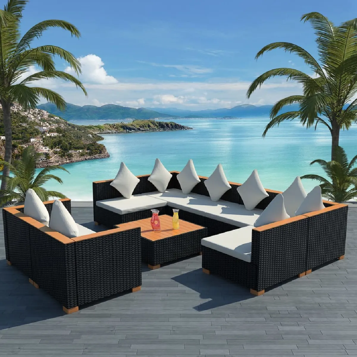 vidaXL Mobilier de Jardin 9 pcs avec Coussins Résine Tressée Meuble Patio 42752 - vue 2
