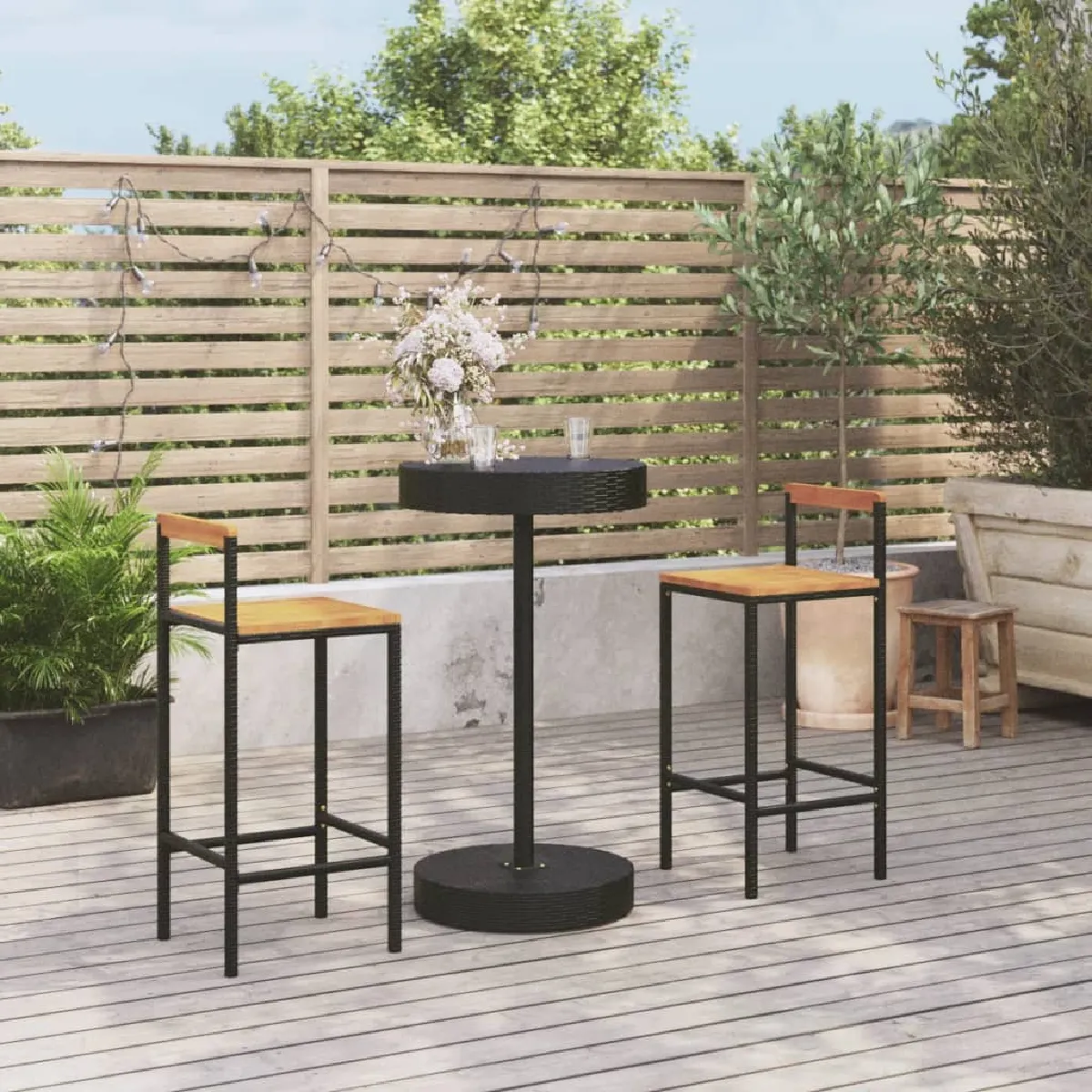 vidaXL Ensemble de Bar Jardin - 3 Pièces - Noir - Poly Rotin et Acacia