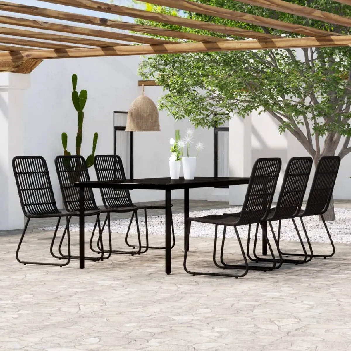 Vidaxl Noir Ensemble À Manger De Jardin 7 Pcs