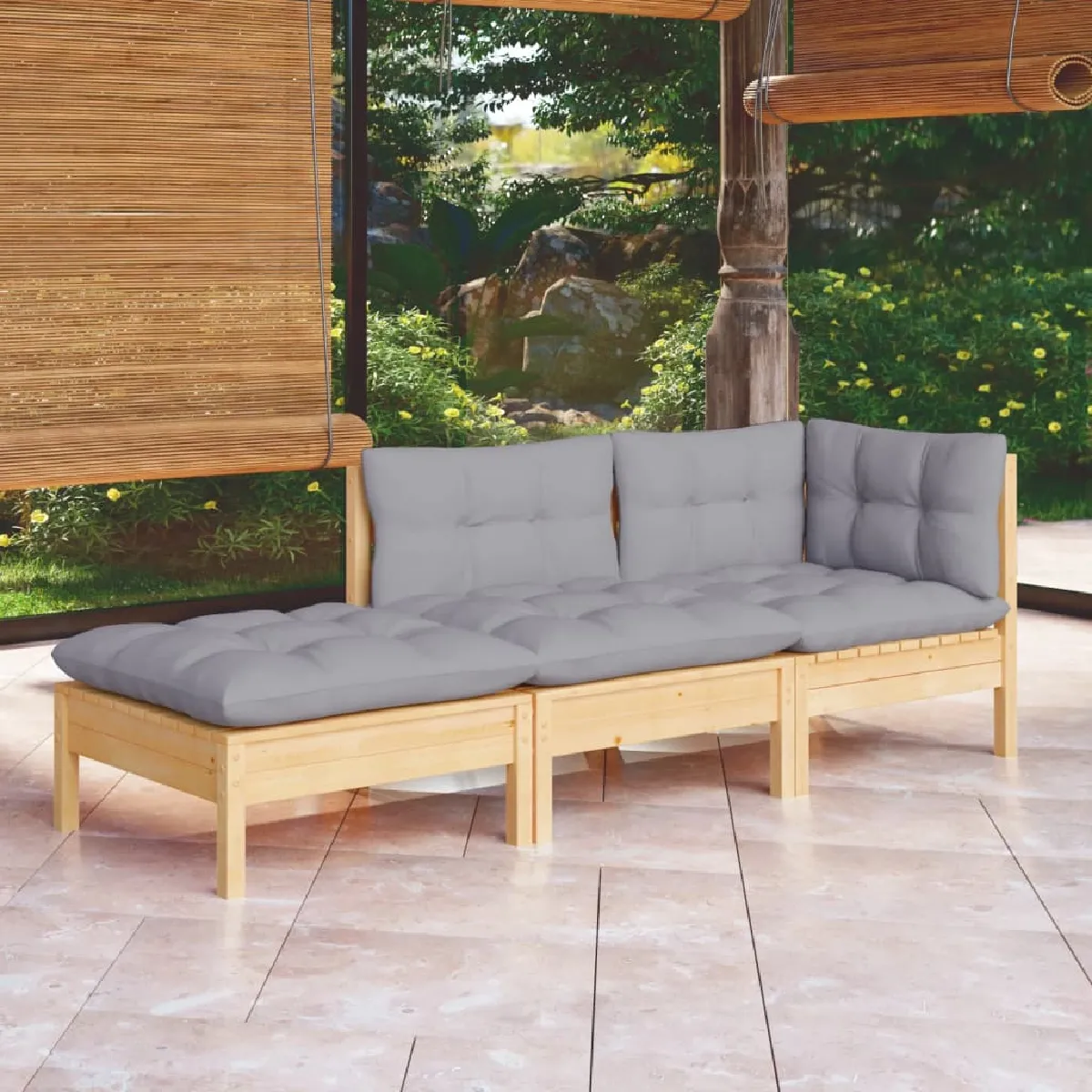 vidaXL Bois de Pin Massif Salon de Jardin 3 pcs avec Coussins Mobilier de Patio Meubles d'Extérieur Mobilier de Jardin 3096279 - vue 2
