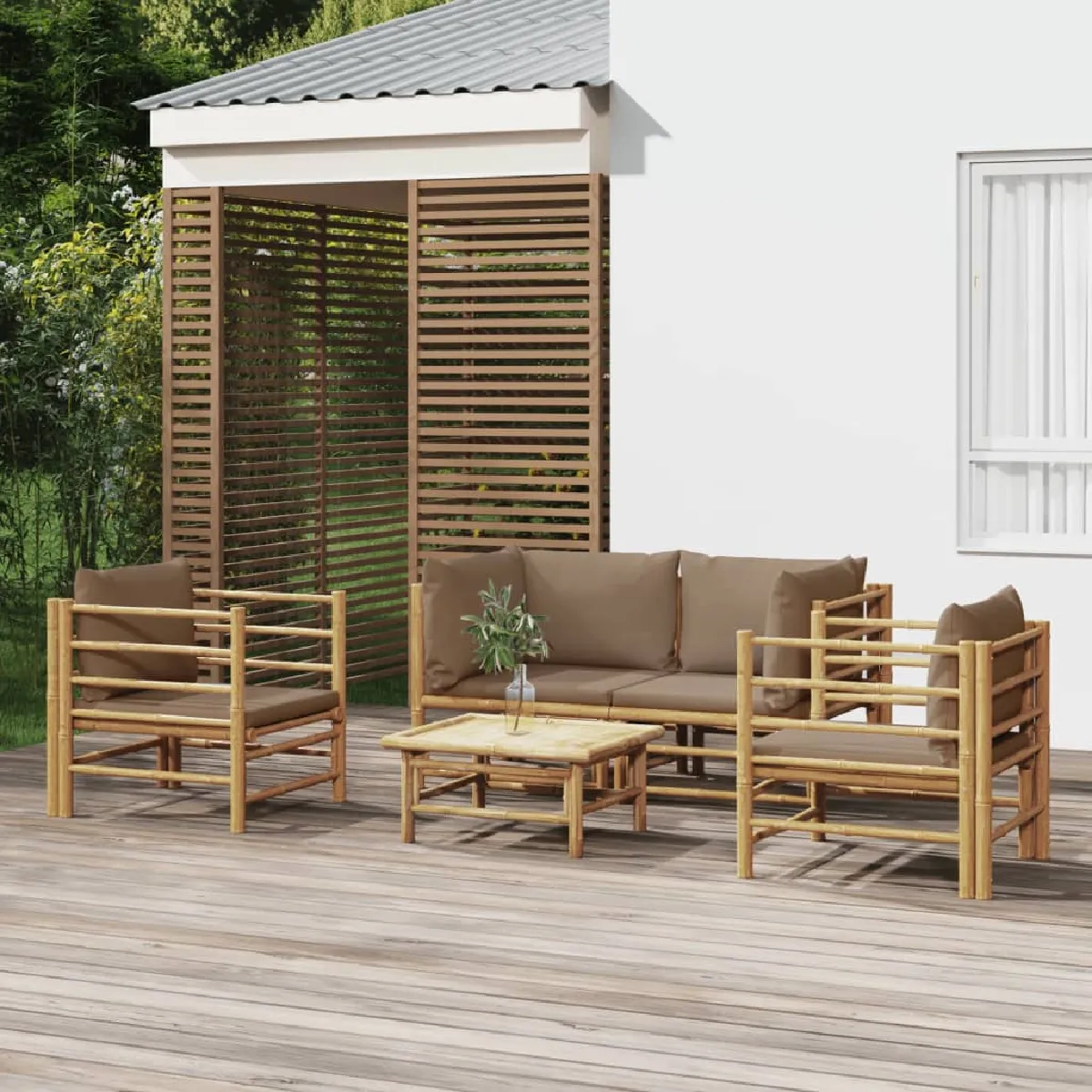 vidaXL Salon de jardin 5 pièces avec coussins Bambou - vue 2