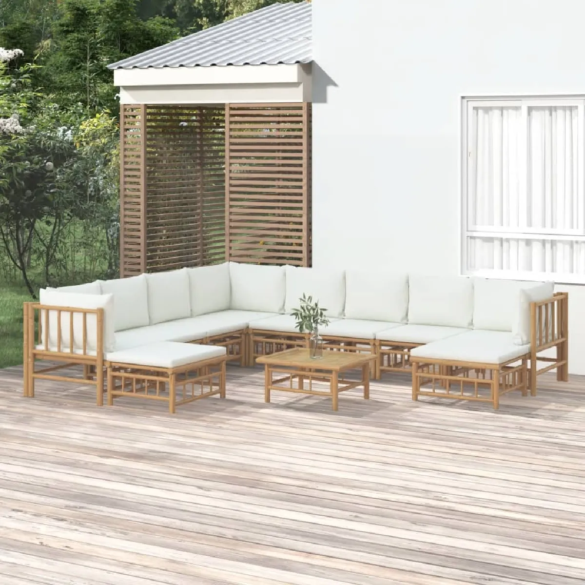 vidaXL Salon de jardin 11 pcs avec coussins crème bambou 3155193 - vue 2
