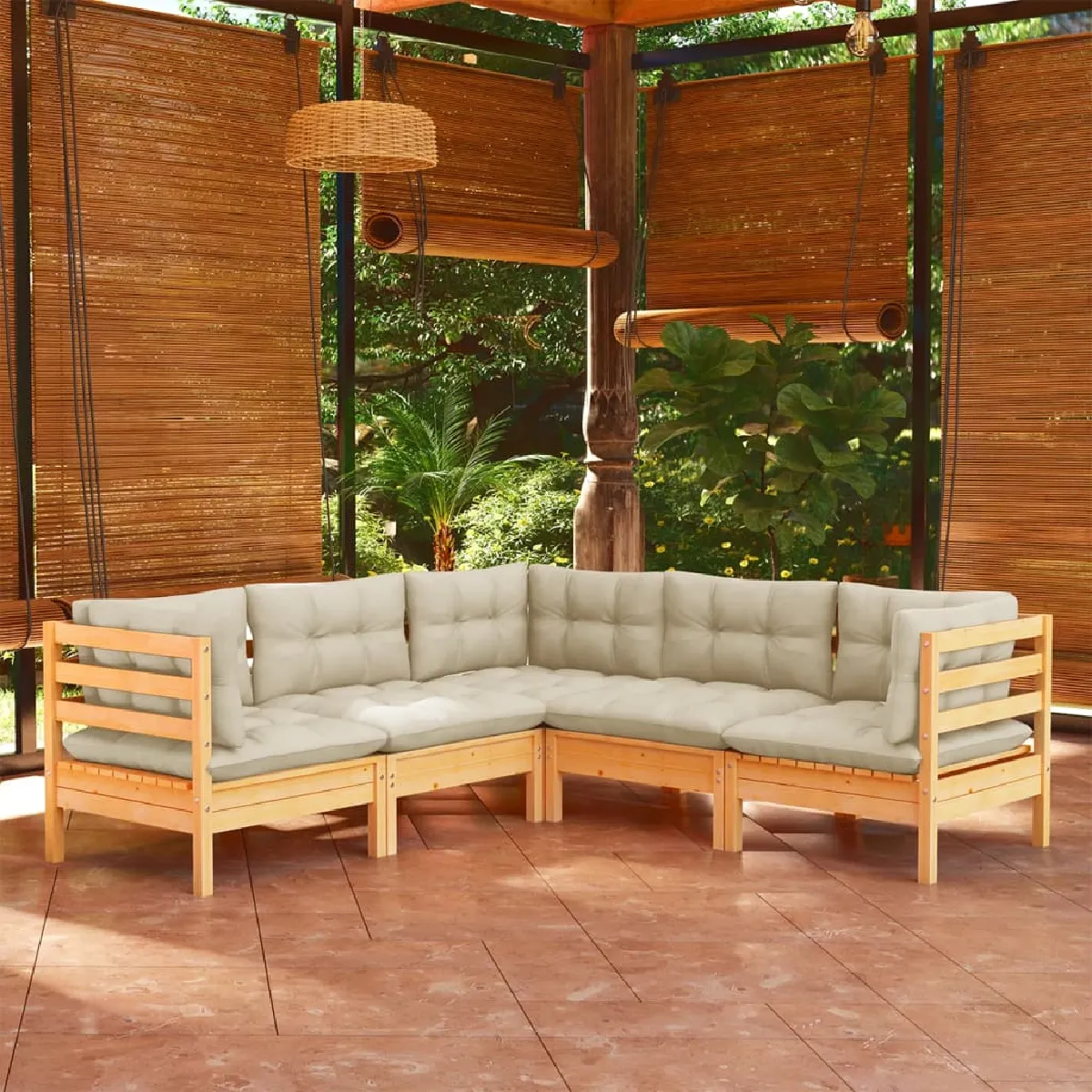 vidaXL Salon de jardin 5 pcs avec coussins crème - vue 2