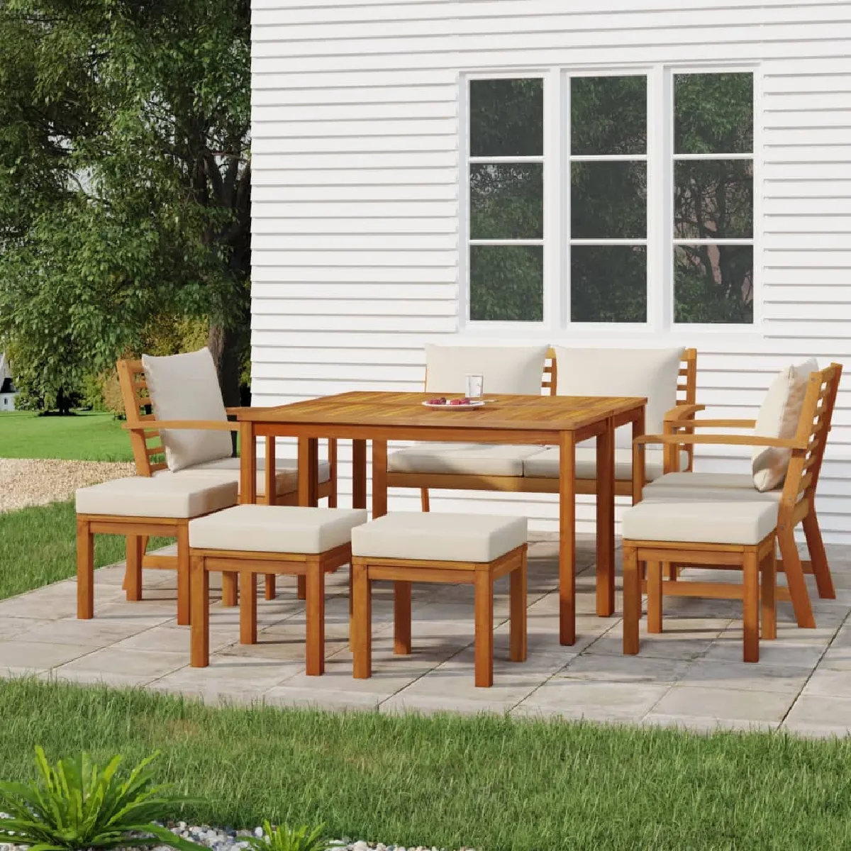vidaXL Ensemble à manger de jardin coussins 9 pcs Bois acacia ensemble de salle à manger ensemble de salle à manger 3154980 - vue 2