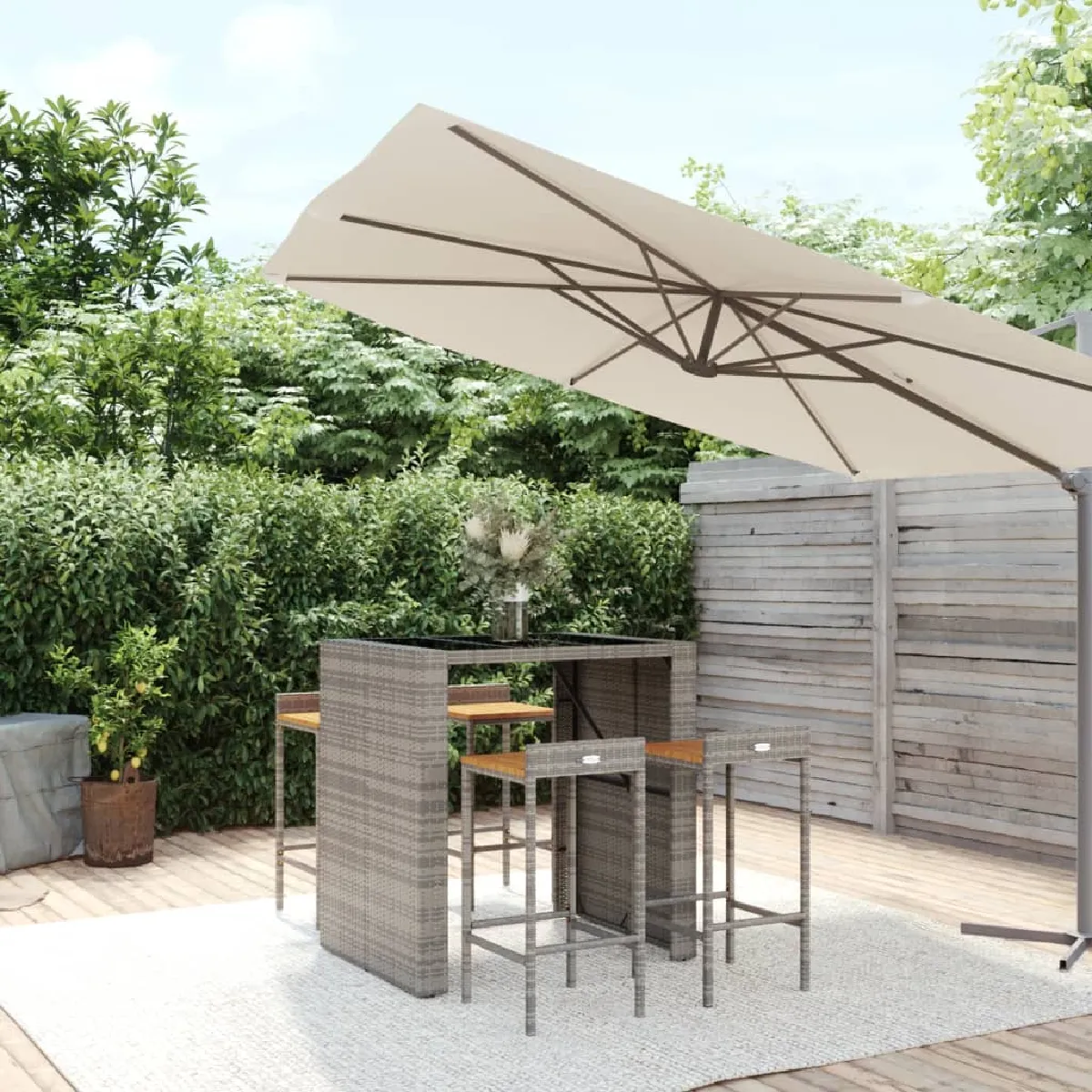 vidaXL Ensemble de bar jardin 5 pcs - Gris poly rotin/bois massif d'acacia
