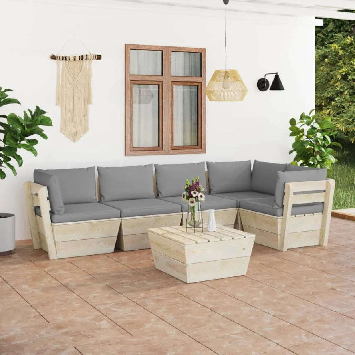 vidaXL Epicéa Imprégné Salon de Jardin Palette 6 pcs avec Coussins Meubles d'Extérieur Mobilier de Jardin Mobilier de Patio 3063520 - vue 2
