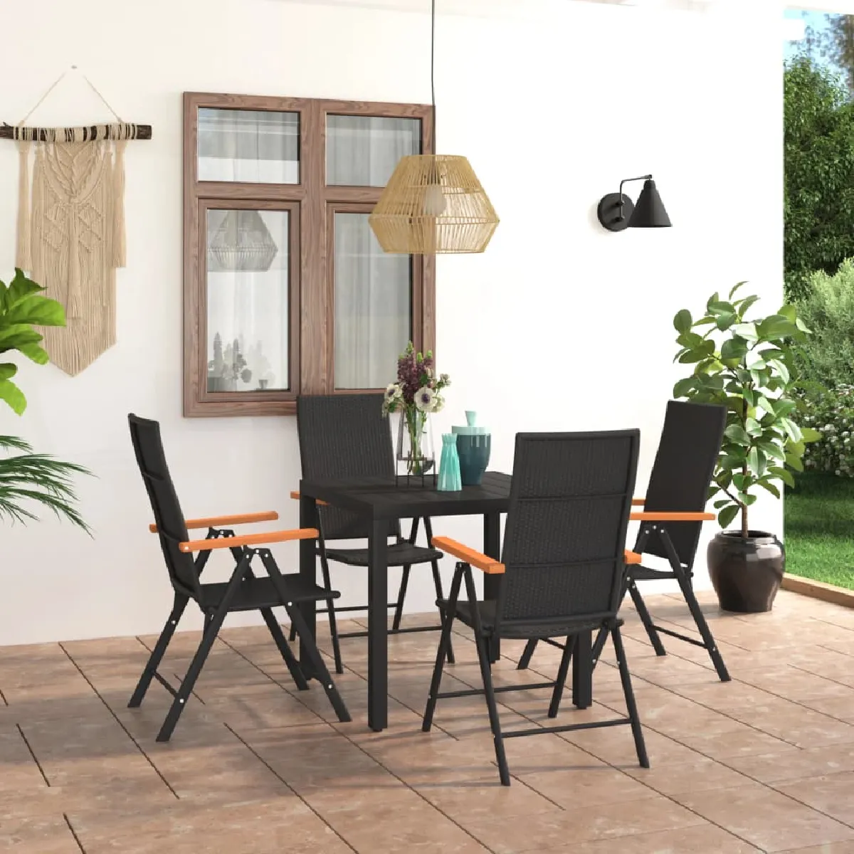 vidaXL Ensemble à manger 5 pcs - Résine tressée Noir/Marron
