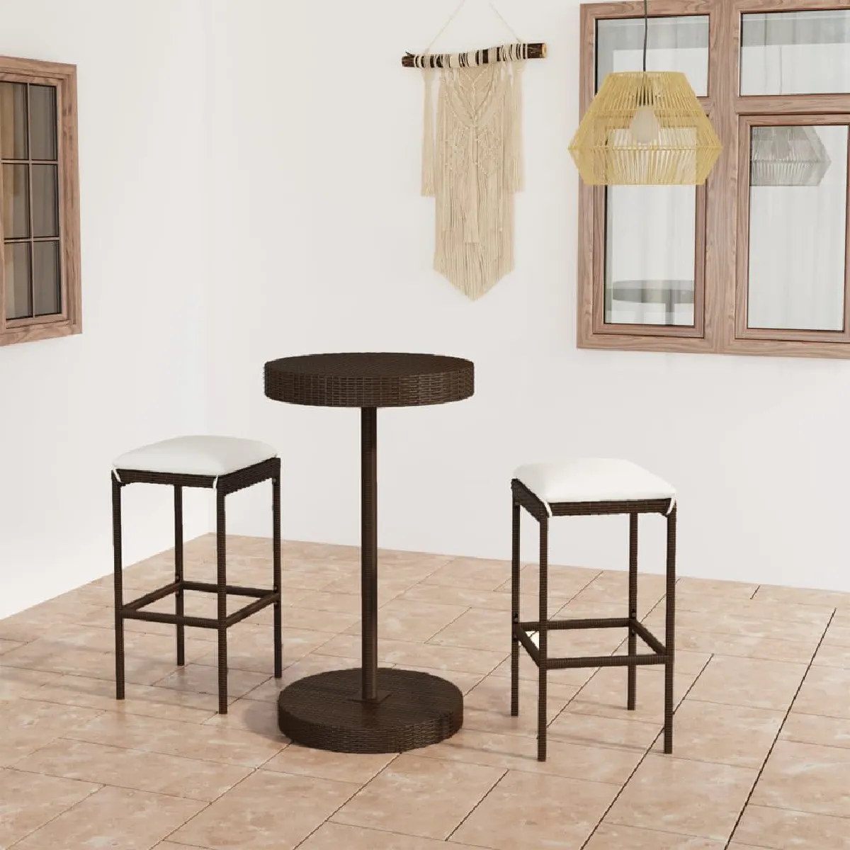 Ensemble de bar de jardin vidaXL 3 pcs avec coussins - Marron