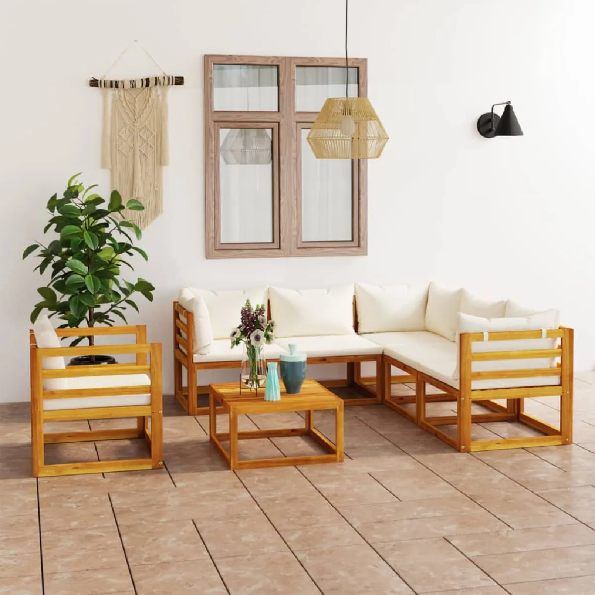 vidaXL Salon de jardin 7pcs Bois d'acacia Crème