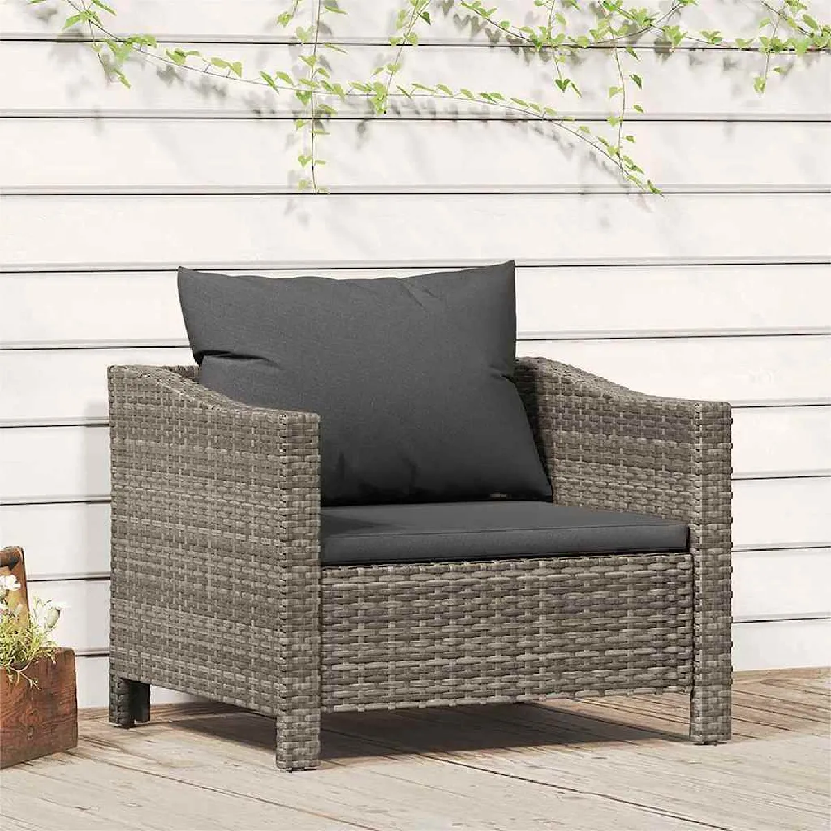 Non Communiqué Gris Fauteuil De Jardin Avec Coussin Résine Tressée - Image 3