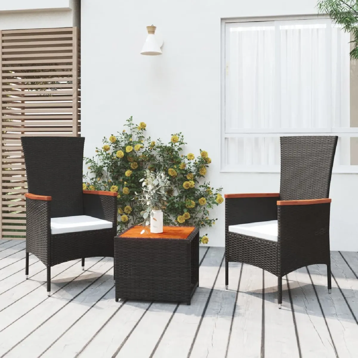 vidaXL Salon de jardin 3 pcs Poly rotin et acacia