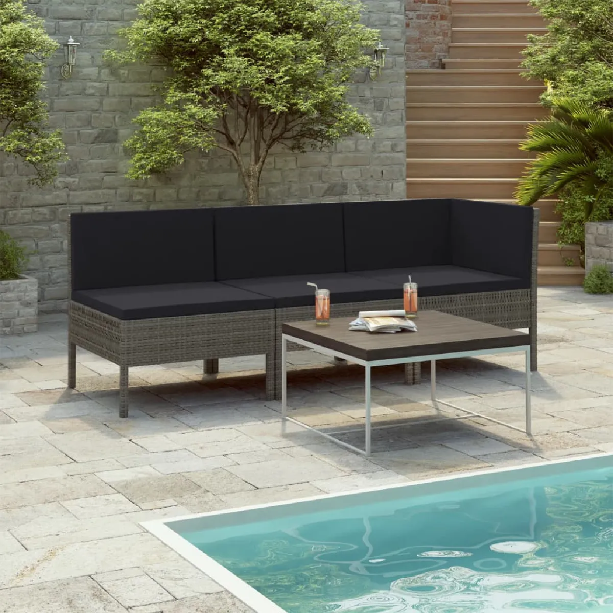 VidaXL Salon de jardin 3 pcs - Résine tressée - Gris