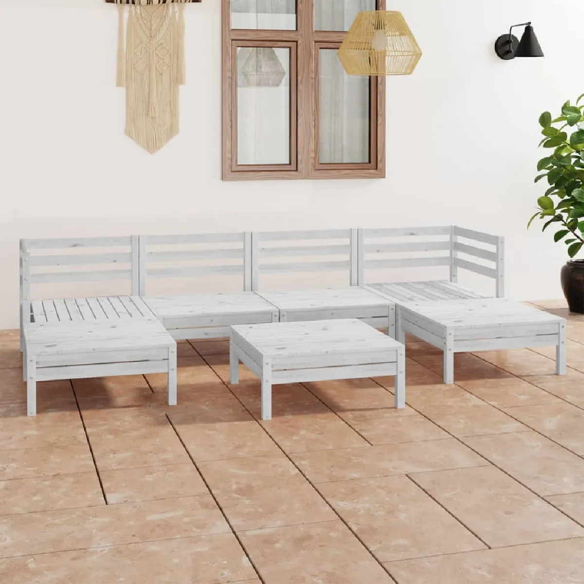 vidaXL Salon de jardin 7 pcs - Blanc