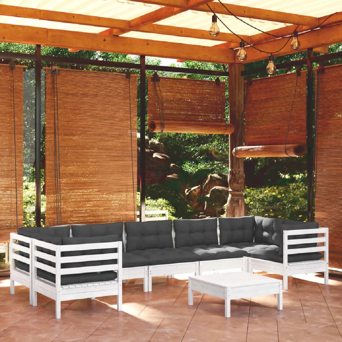 vidaXL Salon de jardin 8 pièces - Coussins Anthracite Bois de pin Blanc