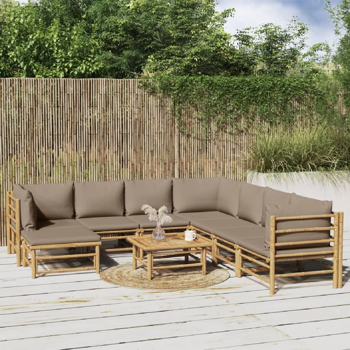 vidaXL Salon de jardin 9 pcs avec coussins Bambou - vue 4