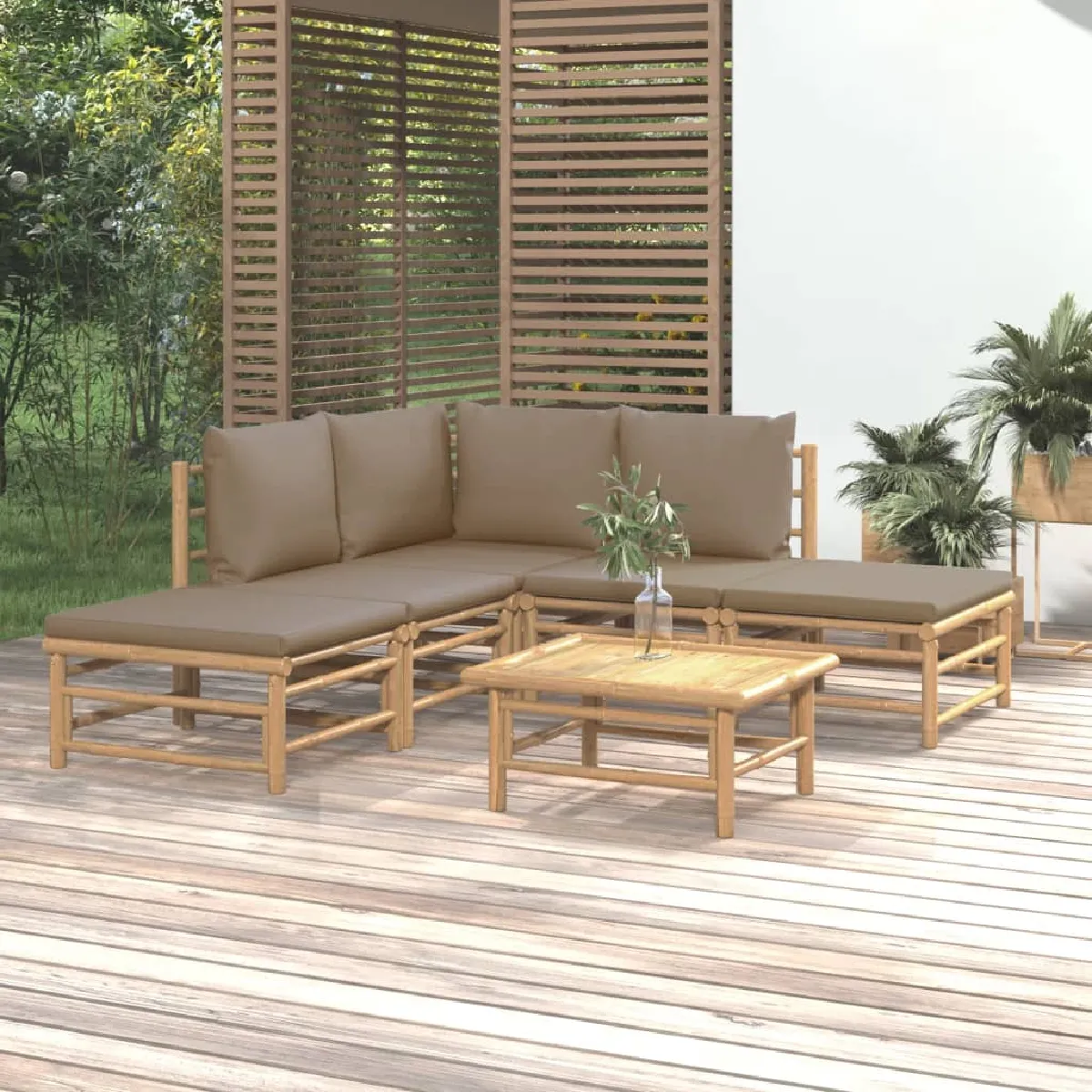 Salon de jardin 6 pcs avec coussins en bambou