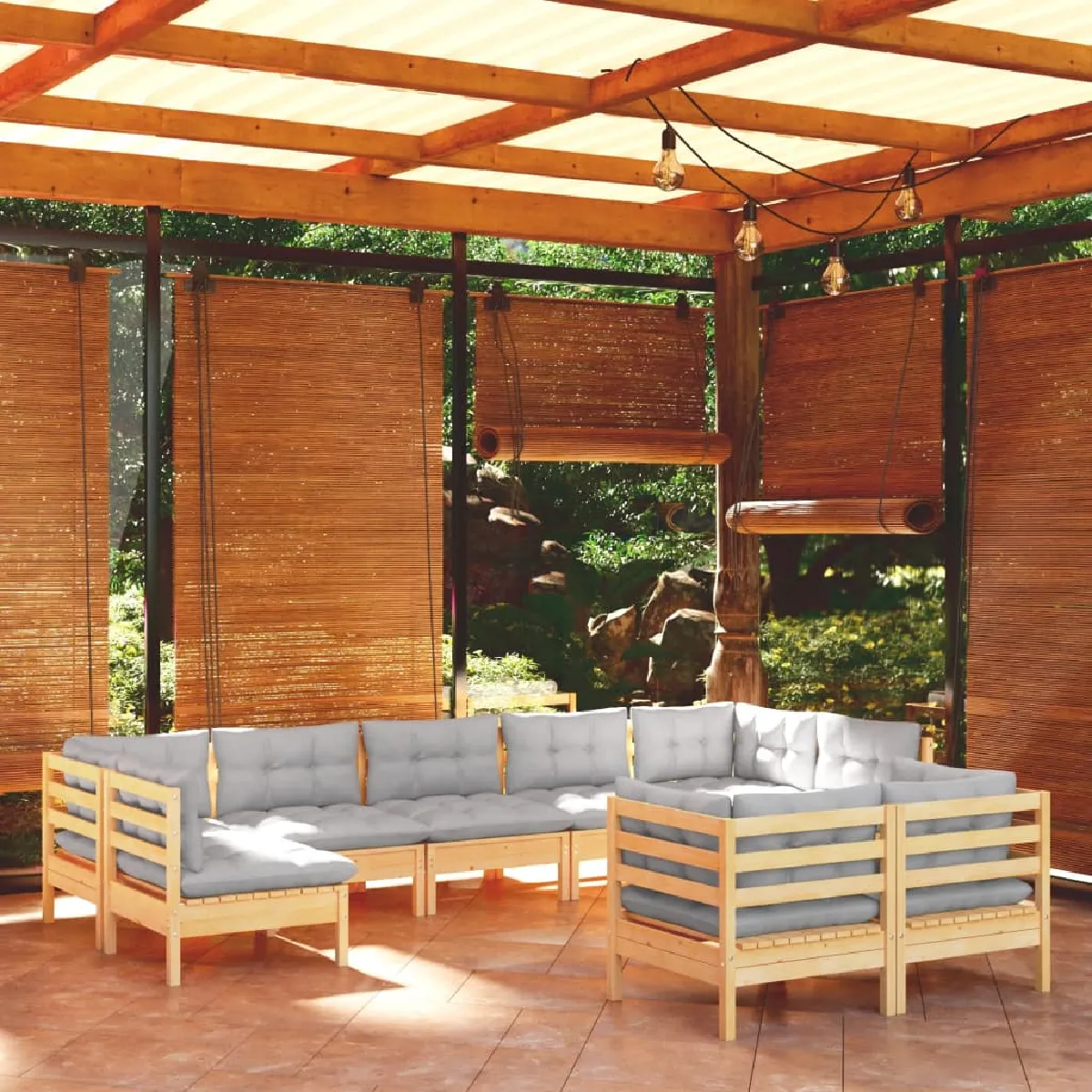 vidaXL Salon de jardin avec coussins - 9 pièces - Bois de pin massif