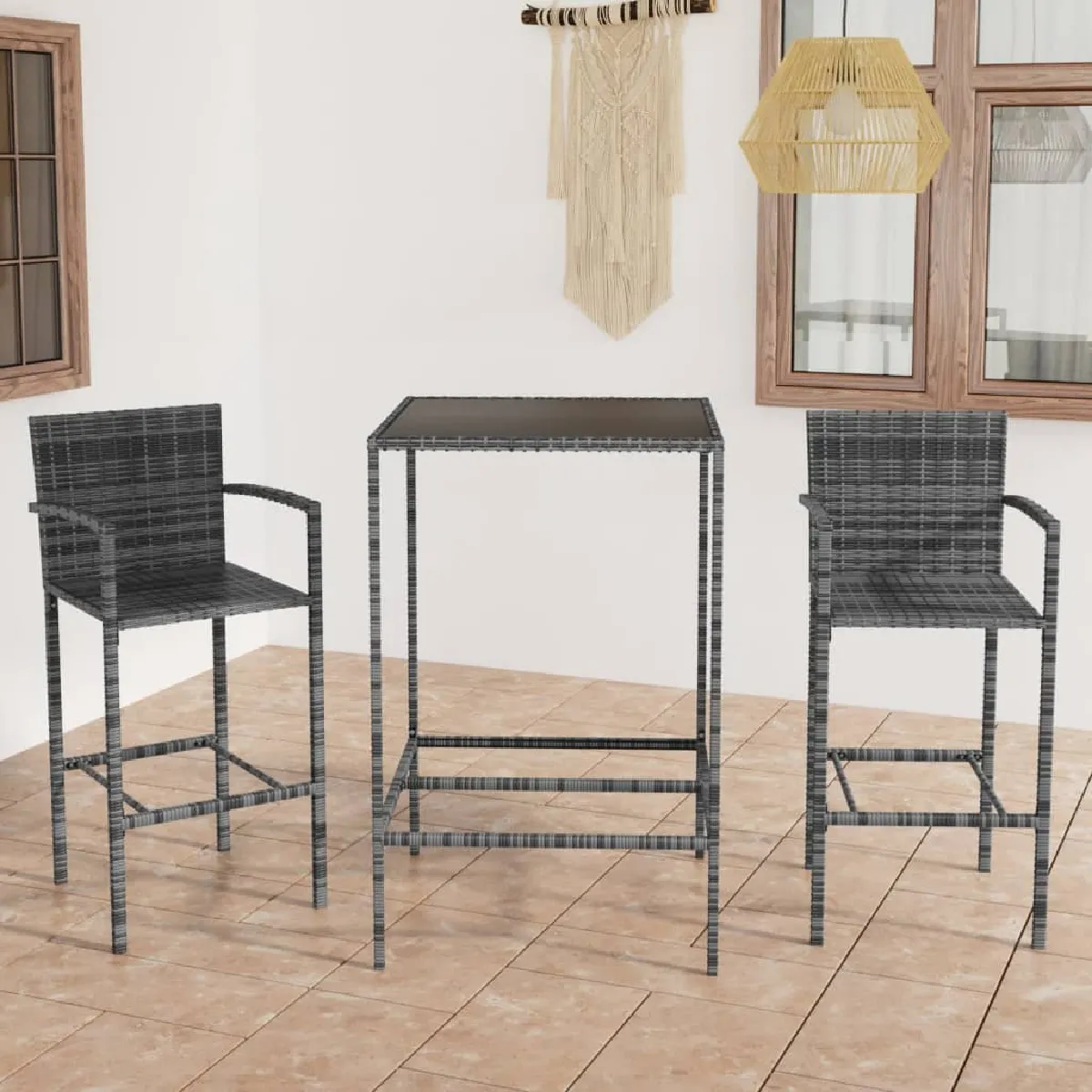 vidaXL Ensemble de bar de jardin 3 pcs résine tressée gris
