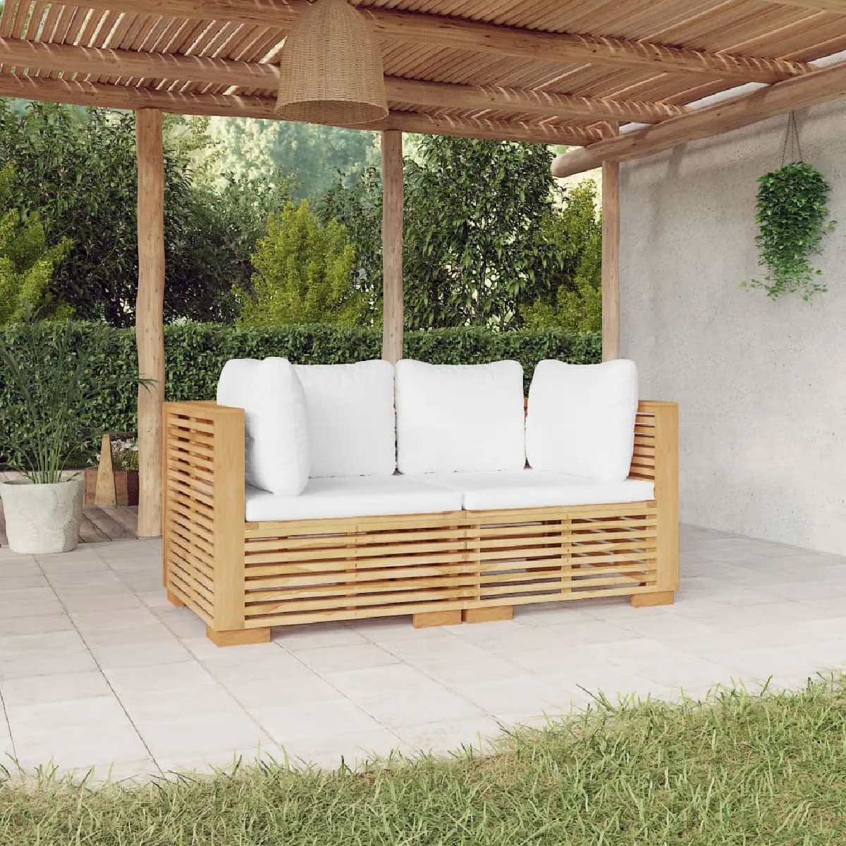 vidaXL Canapés d'angle de jardin 2 pcs - Bois teck massif, coussins