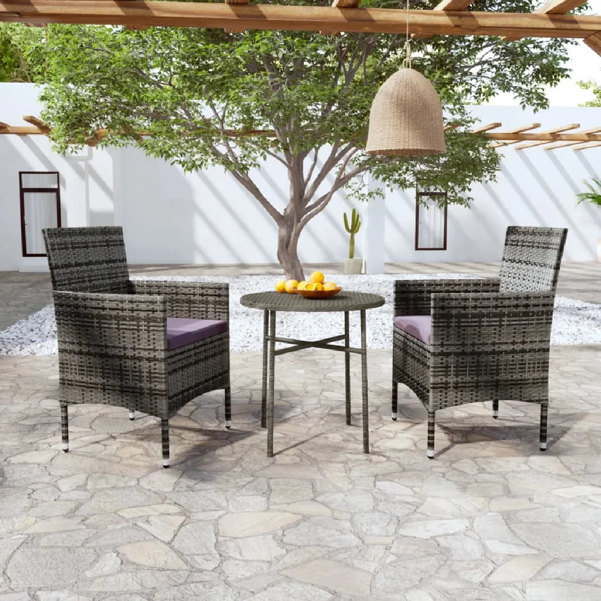 VIDAXL Ensemble à manger de jardin 3 pcs - Résine tressée Gris