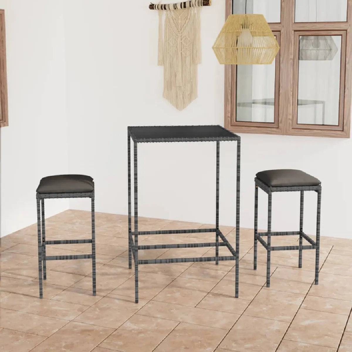 vidaXL Ensemble de bar de jardin 3 pcs - Résine Tressée Gris