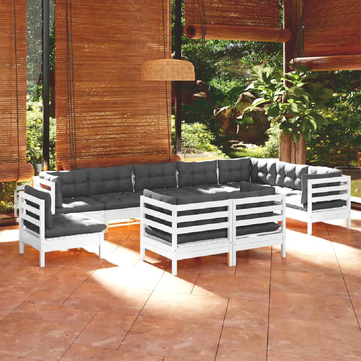 vidaXL Salon de jardin 10 pcs avec coussins - Blanc