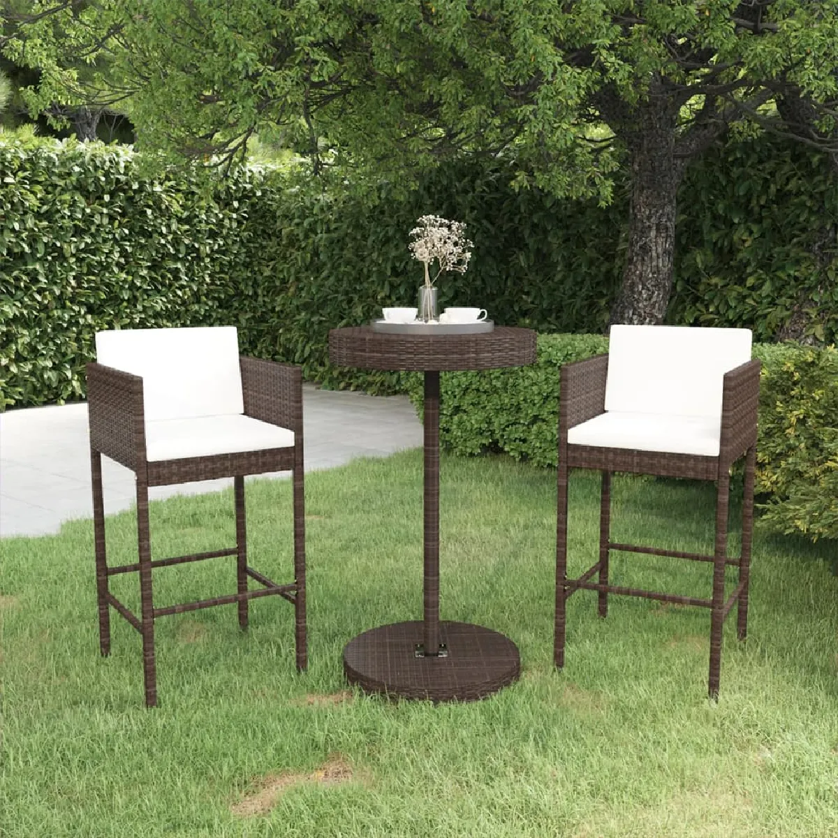 vidaXL Meubles de bar de jardin 3pcs et coussins - Résine tressée - Marron