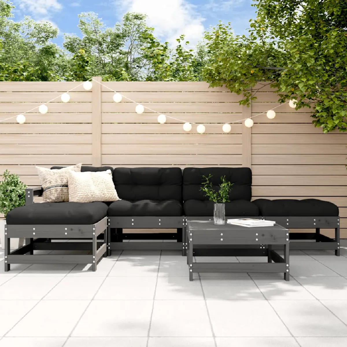 Salon de jardin 6 pcs avec coussins en bois massif