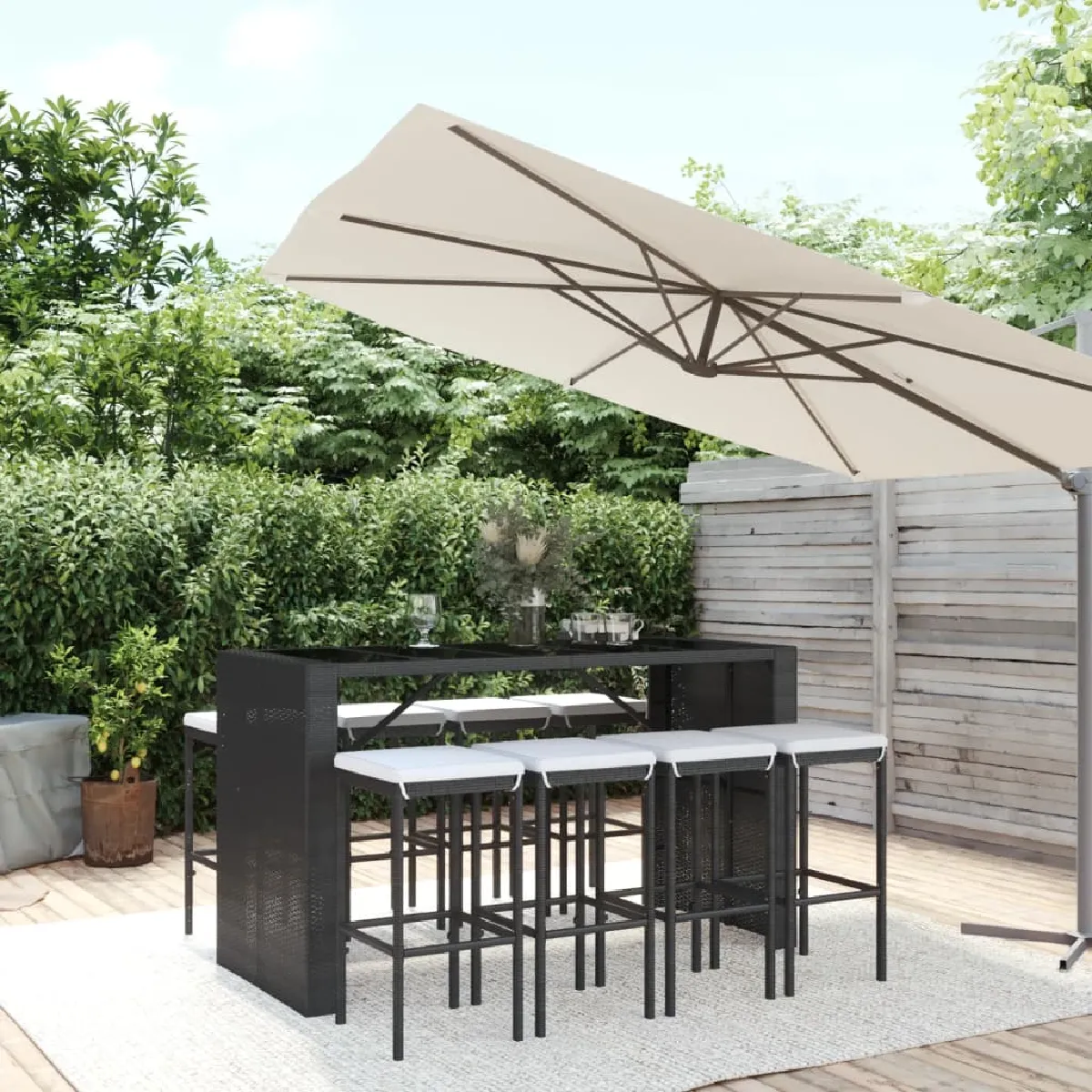 vidaXL Ensemble de bar de jardin 9 pcs avec coussins - R&eacute;sine tress&eacute;e
