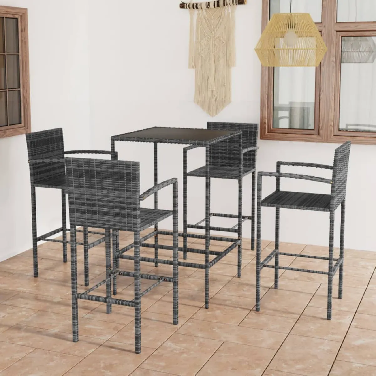 vidaXL Ensemble de bar de jardin 5 pcs - Résine tressée gris