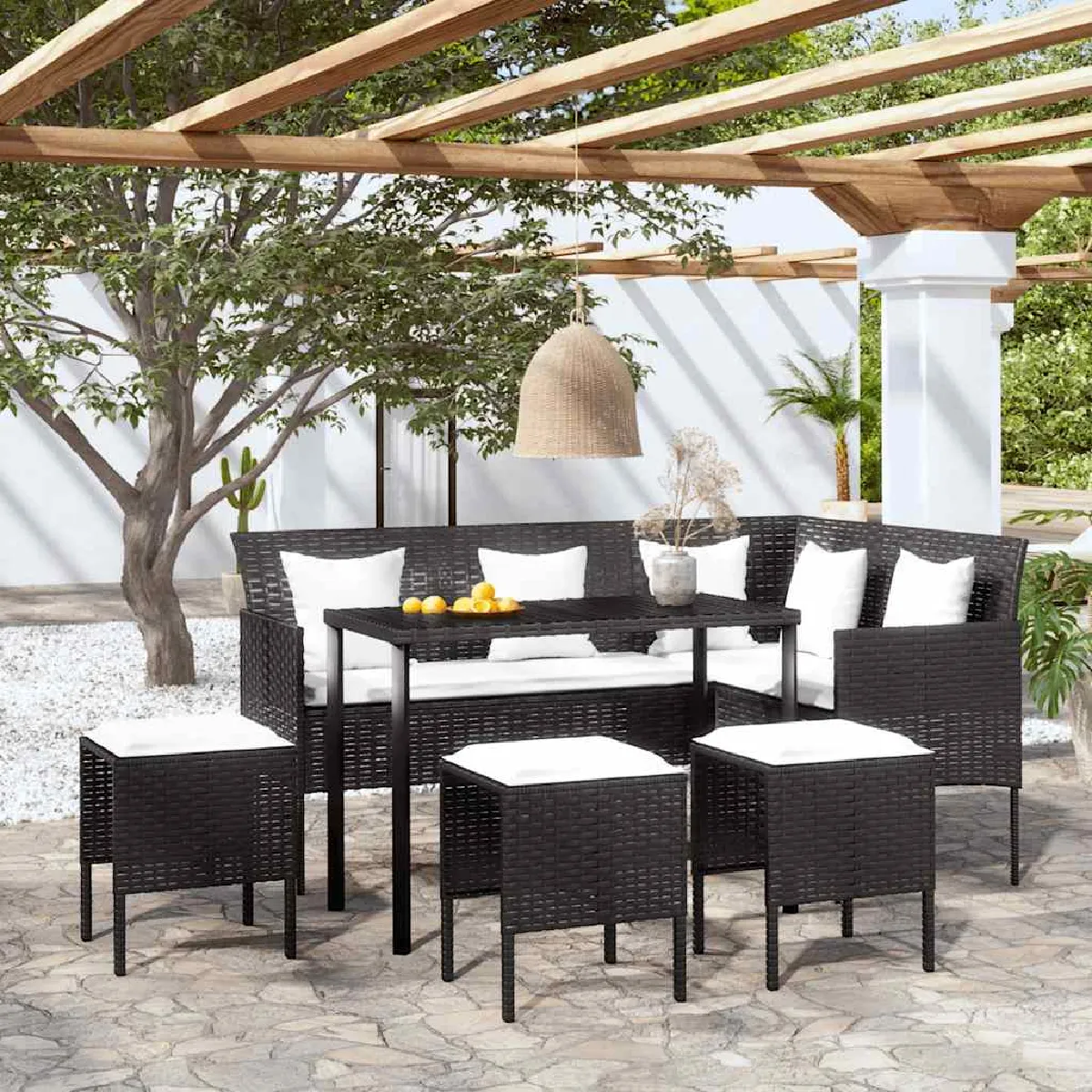Salon de jardin 5 pièces Résine tressée avec coussins - vue 2