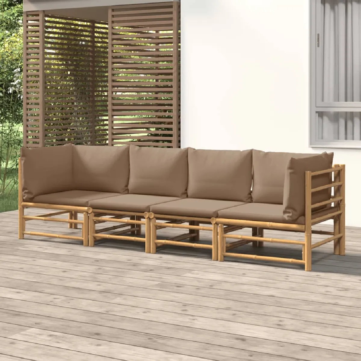 Salon de jardin 4 pcs avec coussins taupe en bambou