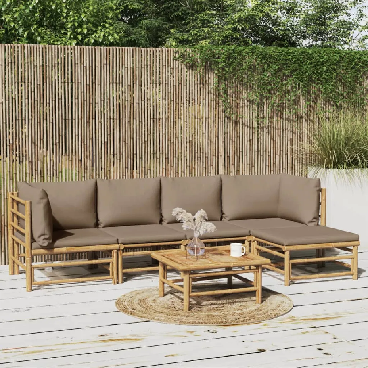 vidaXL Salon de Jardin 6 Pièces - Bambou et Coussins Taupe