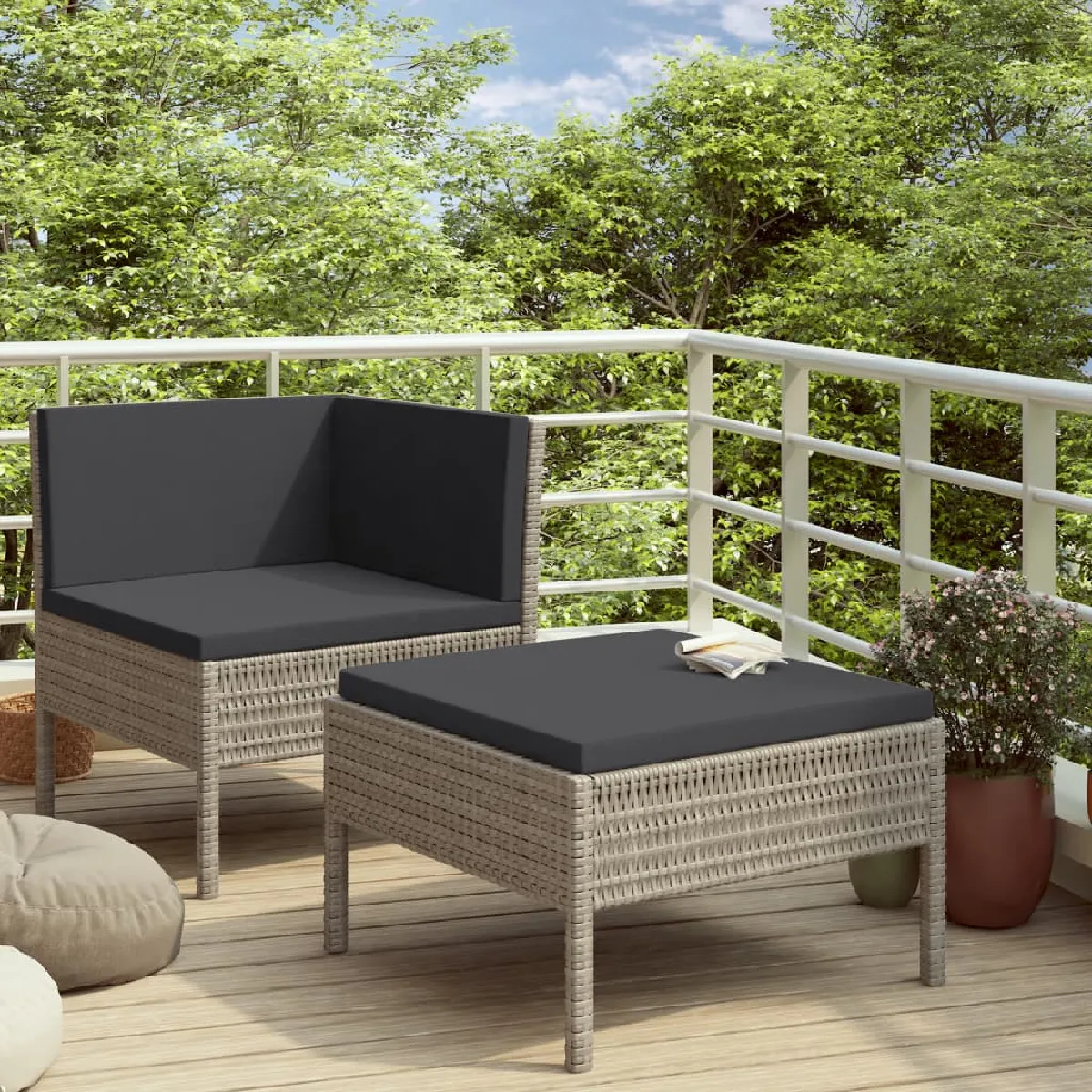 vidaXL Salon de jardin 2 pcs avec coussins - Résine tressée gris