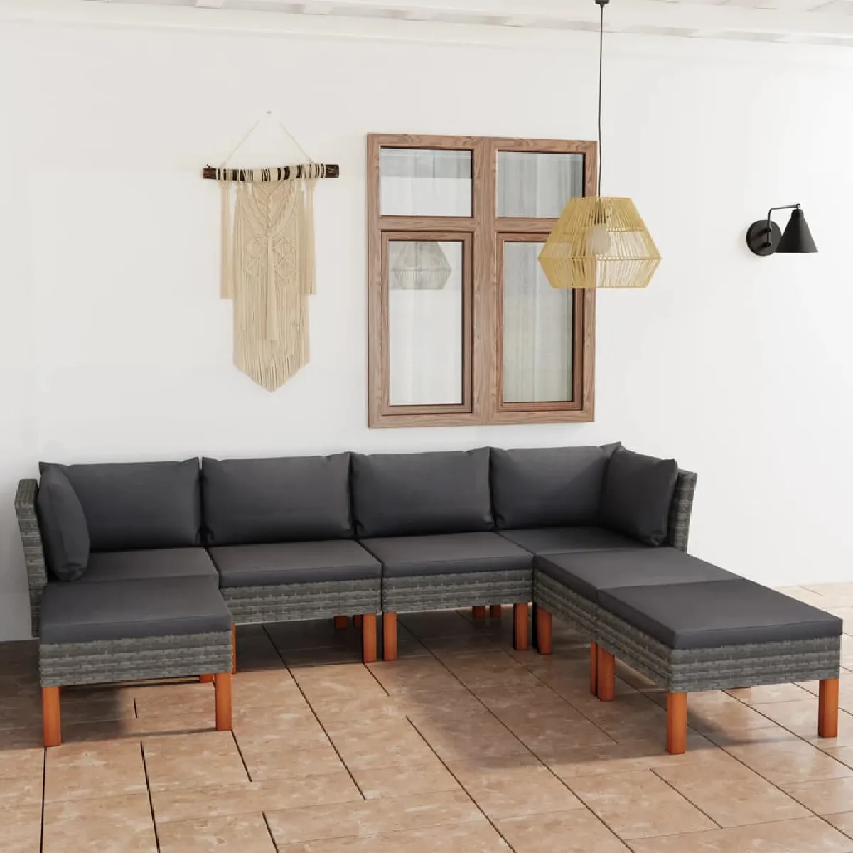 vidaXL Salon de jardin 7 pcs avec coussins - Résine tressée Gris