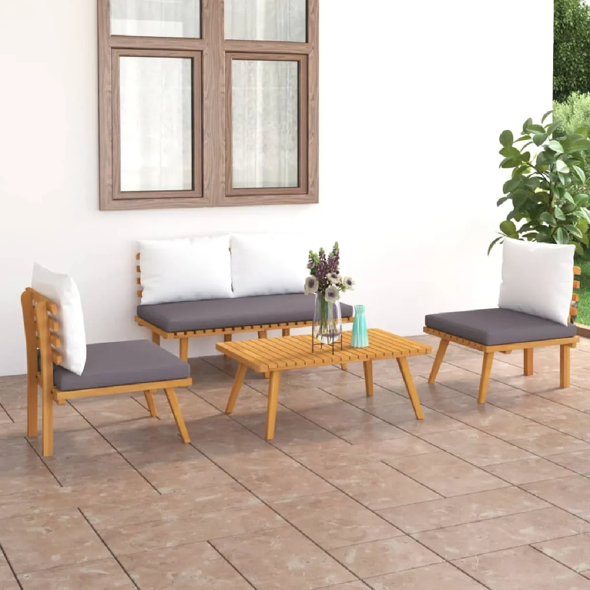 vidaXL Salon de jardin 4 pcs bois d'acacia solide avec coussins - vue 2
