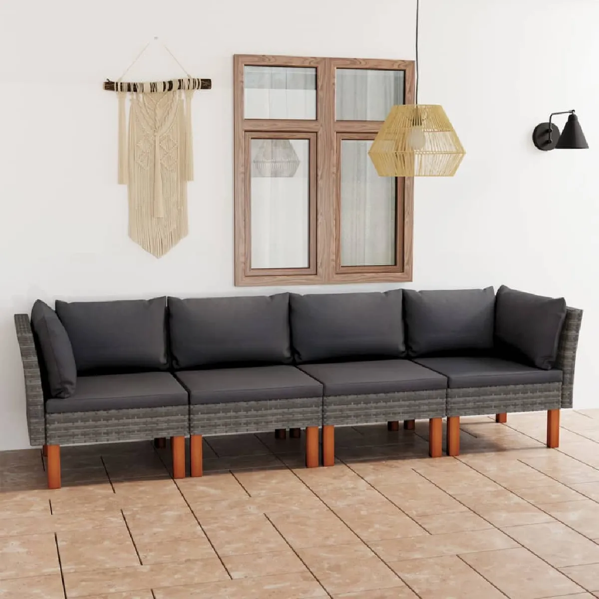Vidaxl canap&eacute; de jardin &agrave; 4 places avec coussins gris r&eacute;sine tress&eacute;e