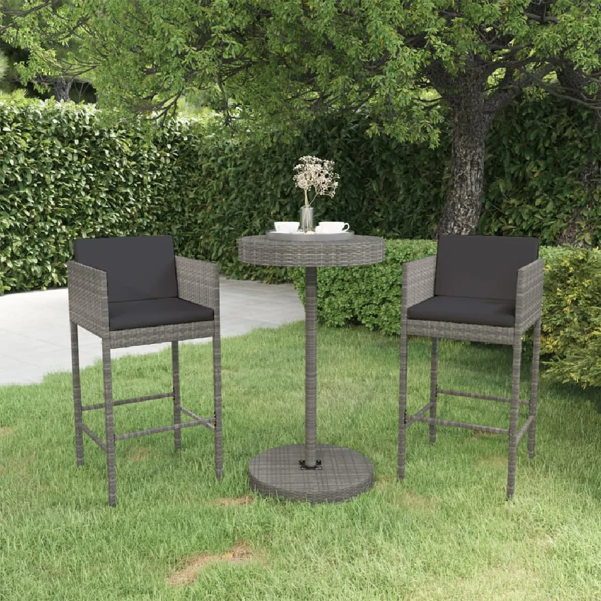 vidaXL Ensemble de bar de jardin 3 pcs et coussins - Résine tressée - Gris